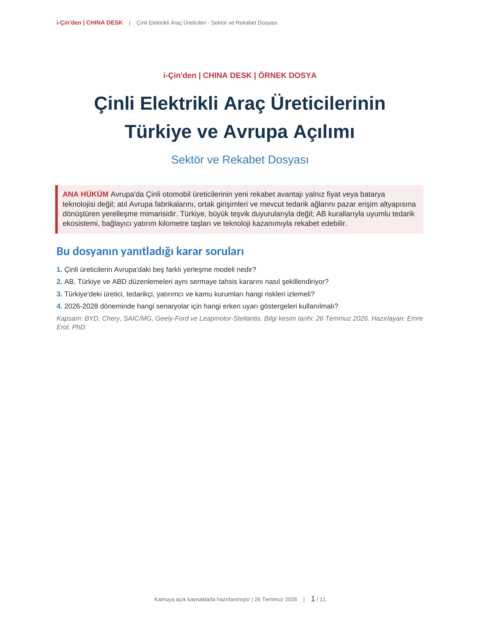 Çinli Elektrikli Araç Üreticileri örnek dosyasının kapak görünümü